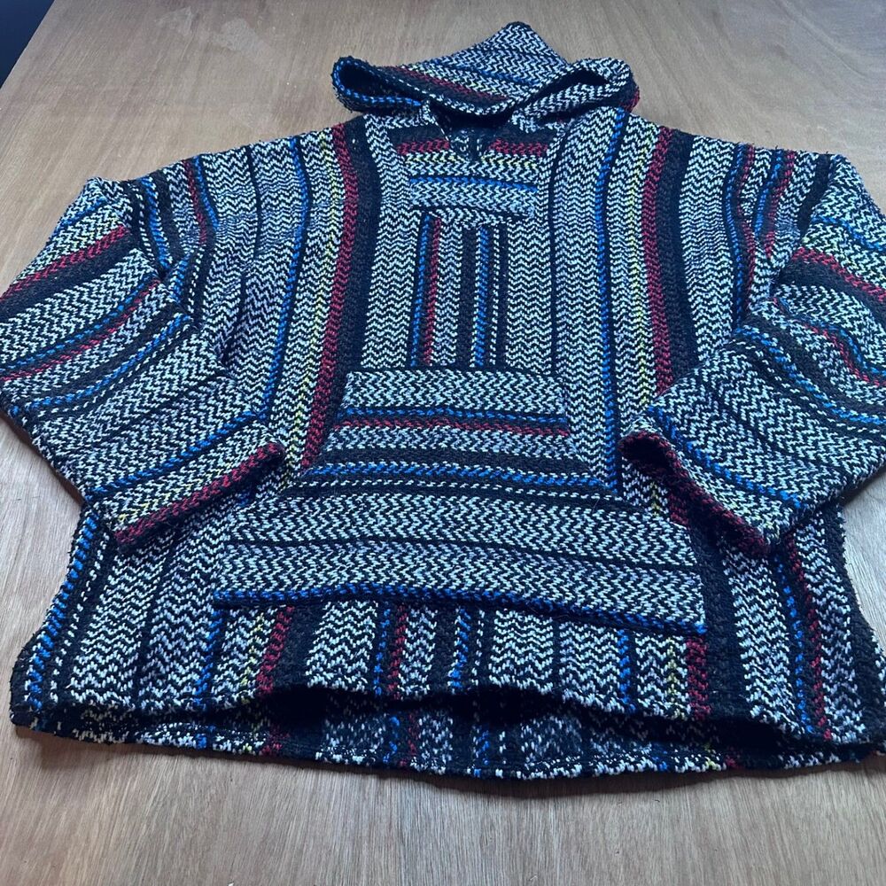 Baja Joe Mexican Blanket Hoodie XL Pullover Striped Boho Surf Skater Made Mexico